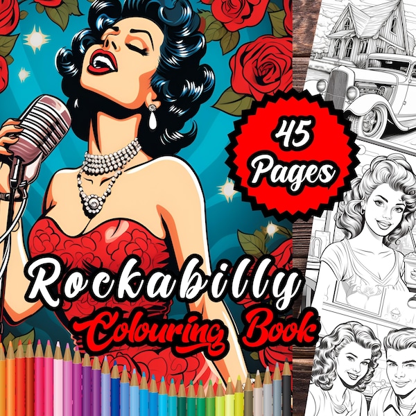 Rockabilly Colouring Book, 45 Printable Colouring Pages for Adults & Teens, Instant Download, Digital Download Vintage Style Colouring Book