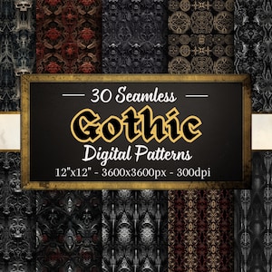 Wzory gotyckie, 30 bezszwowych papierów cyfrowych o tematyce gotyckiej, natychmiastowe pobieranie, do użytku osobistego i komercyjnego, przyjazne dla druku na żądanie
