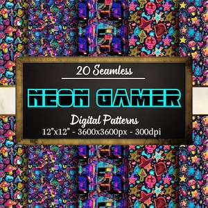 Neon Gamer Nahtlose Muster, 20 Gamer Digitale Papiere, Graffiti-Muster, Sofortiger Download, persönliche und kommerzielle Nutzung, Print on Demand