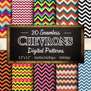 May include: Twenty seamless chevron digital patterns in various colors, including red, white, blue, black, yellow, green, and orange. Each pattern is 12 inches by 12 inches and 3600 pixels by 3600 pixels at 300 dpi.