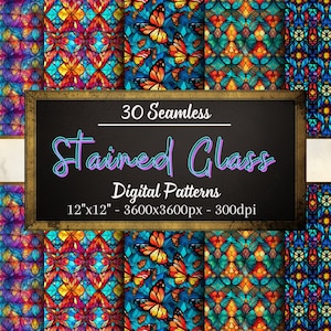 Stained Glass Patterns, 30 Seamless Stained Glass Digital Papers, Instant Download, Personal & Commercial Use, Print on Demand Friendly