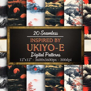 May include: A set of 20 digital seamless patterns inspired by Japanese Ukiyo-e art. The patterns feature black and white illustrations of mountains, trees, and a red sun. The patterns are 12 inches by 12 inches and 3600 pixels by 3600 pixels at 300 dpi.