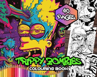 May include: A colouring book with a trippy zombie theme. The cover features a cartoon character with a psychedelic design and the text "Trippy Zombies Colouring Book". The book includes 40 pages of colouring fun.