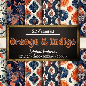Könnte beinhalten: Ein Set mit 22 digitalen nahtlosen Mustern in den Farben Orange und Indigo. Die Muster zeigen florale, geometrische und Zitrusmotive. Jedes Muster ist 30,48 cm x 30,48 cm groß und hat eine Auflösung von 3600 x 3600 Pixel bei 300 dpi.