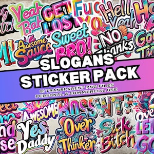Slogan Sticker Pack, 80 spielerische Slogan Digitale Aufkleber, PNG-Dateien, sofortiger Download, persönliche und kommerzielle Nutzung, Print on Demand freundlich