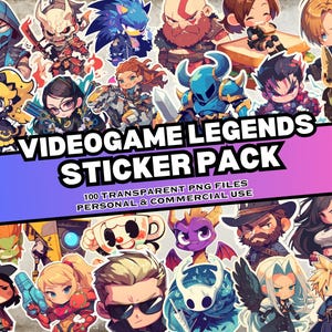 Puede incluir: Un paquete de pegatinas con ilustraciones de dibujos animados de personajes de videojuegos. El texto "VIDEOGAME LEGENDS STICKER PACK" se muestra de forma destacada. El paquete incluye 100 archivos PNG transparentes para uso personal y comercial.