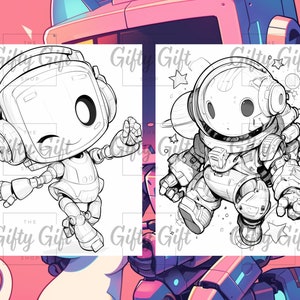 May include: A black and white line drawing of two robots. The robot on the left is wearing headphones and has a square head. The robot on the right is wearing a space suit and has a round head. Both robots have large eyes and are smiling.