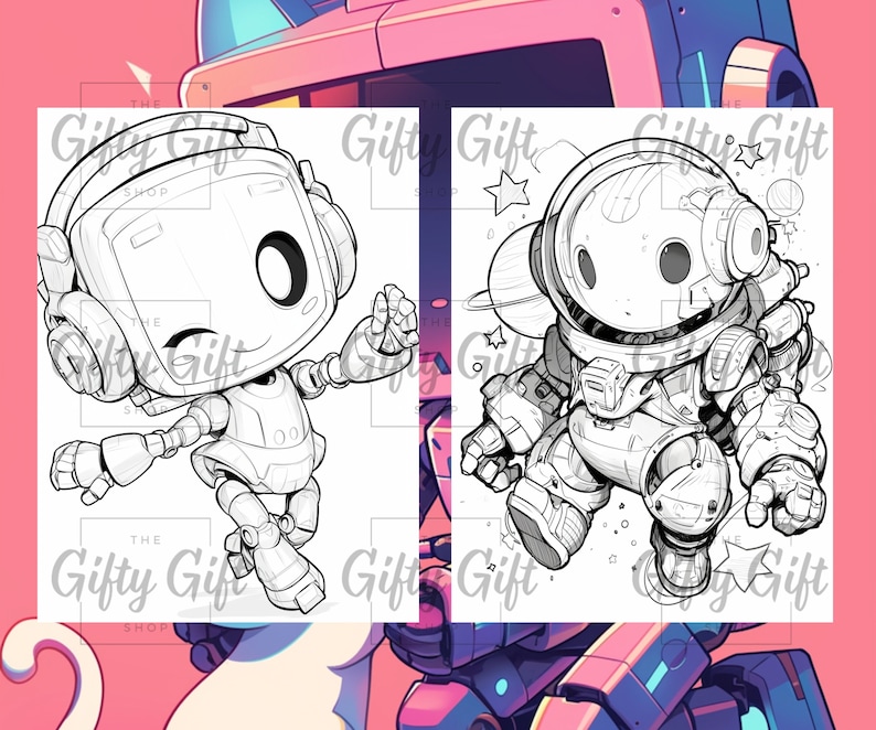 May include: A black and white line drawing of two robots. The robot on the left is wearing headphones and has a square head. The robot on the right is wearing a space suit and has a round head. Both robots have large eyes and are smiling.