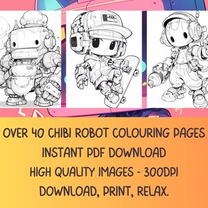 Puede incluir: Un conjunto de tres p&aacute;ginas para colorear en blanco y negro con personajes de robots lindos. Los robots est&aacute;n dibujados en estilo chibi y est&aacute;n realizando varias actividades, como cocinar, andar en patineta y soldar. El texto en la imagen dice "M&aacute;s de 40 p&aacute;ginas para colorear de robots chibi Descarga instant&aacute;nea de PDF Im&aacute;genes de alta calidad - 300 DPI Descargar, imprimir, relajarse."