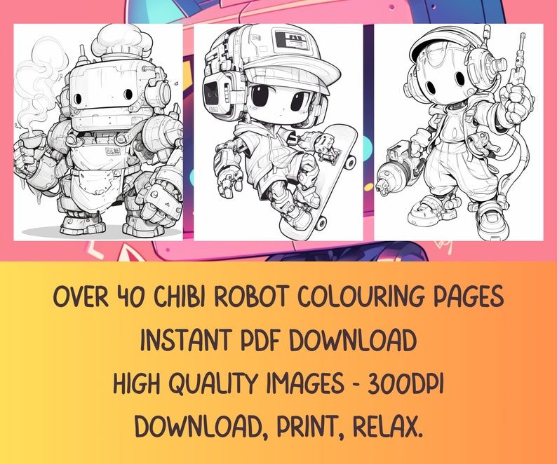 Puede incluir: Un conjunto de tres p&aacute;ginas para colorear en blanco y negro con personajes de robots lindos. Los robots est&aacute;n dibujados en estilo chibi y est&aacute;n realizando varias actividades, como cocinar, andar en patineta y soldar. El texto en la imagen dice "M&aacute;s de 40 p&aacute;ginas para colorear de robots chibi Descarga instant&aacute;nea de PDF Im&aacute;genes de alta calidad - 300 DPI Descargar, imprimir, relajarse."