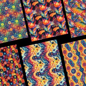 Peut inclure: Six &eacute;chantillons de tissu aux motifs abstraits color&eacute;s. Les motifs pr&eacute;sentent des cercles et des lignes ondul&eacute;es dans une palette vibrante de bleus, d'oranges, de jaunes et de rouges. Les motifs sont d&eacute;taill&eacute;s et visuellement attrayants.