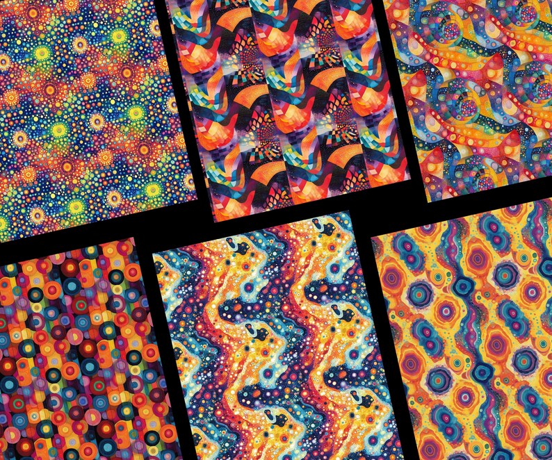 Peut inclure: Six &eacute;chantillons de tissu aux motifs abstraits color&eacute;s. Les motifs pr&eacute;sentent des cercles et des lignes ondul&eacute;es dans une palette vibrante de bleus, d'oranges, de jaunes et de rouges. Les motifs sont d&eacute;taill&eacute;s et visuellement attrayants.