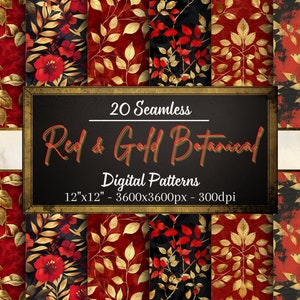 May include: 20 seamless digital patterns featuring red and gold botanical designs. Each pattern is 12 inches by 12 inches and 300 dpi.
