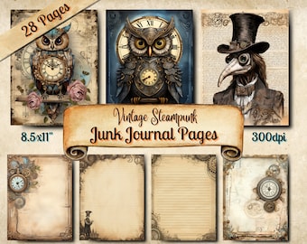 Steampunk Junk Journal, Vintage Scrapbook Ephemera, 28 Printable Pages, Digital Download, Mixed Media Vintage Paper, Vintage Themed Journal