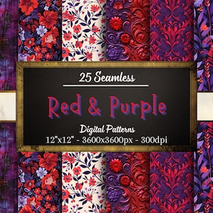 May include: A collection of 25 seamless digital patterns in red and purple. The patterns include floral designs, textured backgrounds, and ornate scrollwork. The image includes the text "Red & Purple" and "Digital Patterns 12"x12" - 3600x3600px - 300dpi".