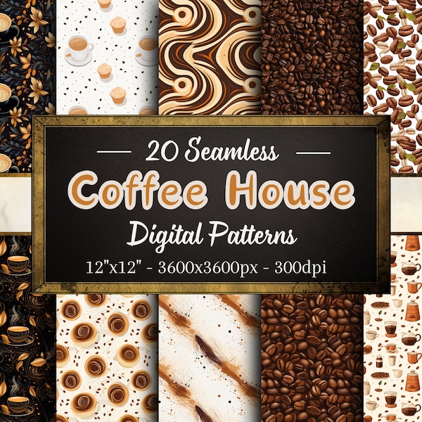 Coffee House Patterns, 20 Coffee Themed Seamless Digital Papers, Instant Download, Personal & Commercial Use, Print on Demand Friendly