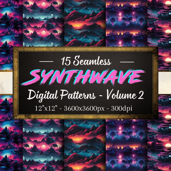 Synthwave Patterns, 15 Retro-Futuristic Seamless Digital Papers, Instant Download, Personal & Commercial Use, Print on Demand Friendly