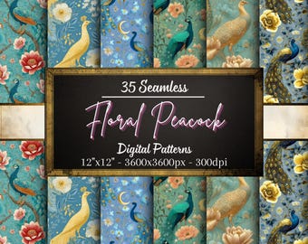 May include: A collection of 35 seamless digital patterns with a floral and peacock theme. The patterns feature peacocks, flowers, and foliage in shades of blue, teal, yellow, and pink. The image includes text that reads "Floral Peacock" and "Digital Patterns 12"x12" - 3600x3600px - 300dpi."
