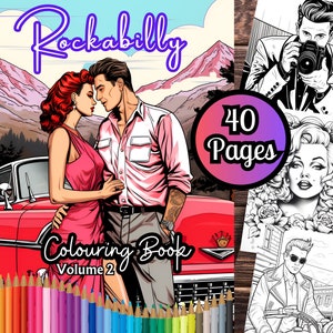 Rockabilly Colouring Book Volume 2, 40 Vintage Colouring Pages, Adults & Teens, Instant Download, Digital Download Colouring Book, PDF