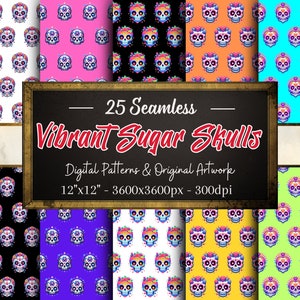 Könnte beinhalten: Eine Sammlung von 25 digitalen Papiermustern mit lebendigen Zucker Schädel Designs. Jedes Muster ist 30,5 cm x 30,5 cm und 300 dpi. Die Muster sind perfekt für Bastel-, Scrapbooking- und digitale Designprojekte.