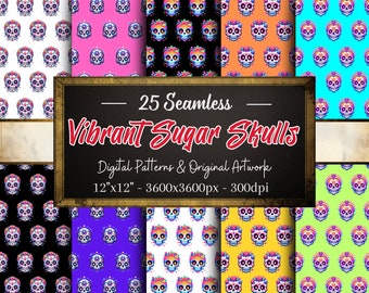Sugar Skull Patterns, 25 Vibrant Sugar Skull Seamless Digital Papers, Instant Download, Personal & Commercial Use, Print on Demand Friendly