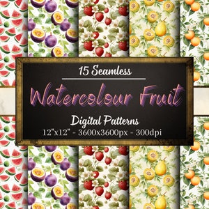 Aquarell Obst Muster, 15 nahtlose Aquarell digitale Papiere, sofortiger Download, persönliche und kommerzielle Nutzung, Print on Demand freundlich