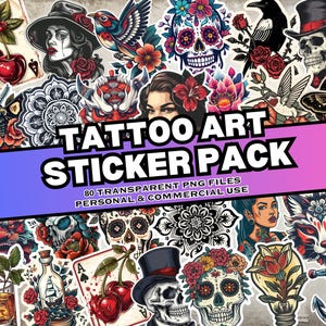 Tattoo Art Sticker Pack, 80 Tattoo Design Digitale Aufkleber, PNG-Dateien, sofortiger Download, persönliche und kommerzielle Nutzung, Print on Demand freundlich