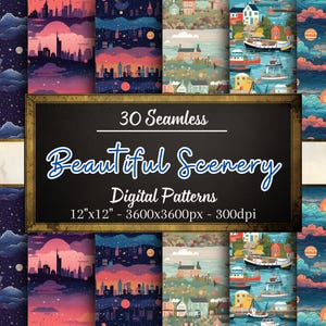 Beaux paysages sans couture, 30 papiers numériques, versions d'impression, téléchargement immédiat, usage personnel et commercial, impression à la demande