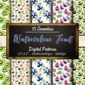 Aquarell-Fruchtmuster, 15 nahtlose Aquarell-Digitalpapiere, sofortiger Download, persönliche und kommerzielle Nutzung, Print-on-Demand-freundlich