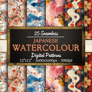 Japanese Watercolour Seamless Patterns, 25 Rustic Japanese Digital Papers, Instant Download, Personal & Commercial Use, Print on Demand