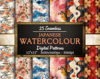 May include: A set of 25 digital seamless watercolor patterns featuring Japanese themes. The patterns include cherry blossoms, clouds, waves, and geometric designs in shades of red, pink, blue, and gold. The patterns are 12" x 12" and 3600 x 3600 pixels at 300 dpi.