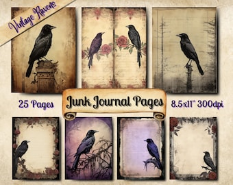 Raven Junk Journal Pages, Vintage Gothic Scrapbooking Ephemera, 25 Printable Pages, Digital Download, Mixed Media Vintage Raven Paper