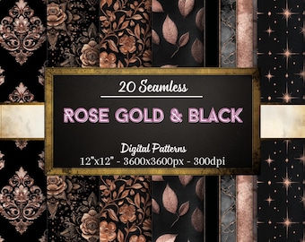 Black & Rose Gold Seamless Digital Papers, 20 Lux Glam Backgrounds, Instant Download, Personal and Commercial Use