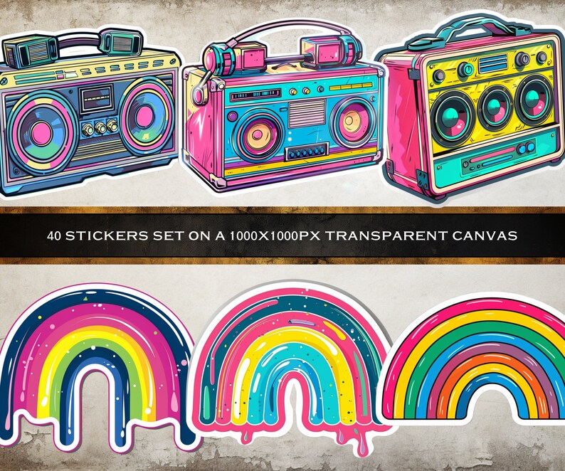 Packing Sticker Groovy Groovy Sticker Pack, 40 Retro Digital Stickers, Transparent PNG Files ...