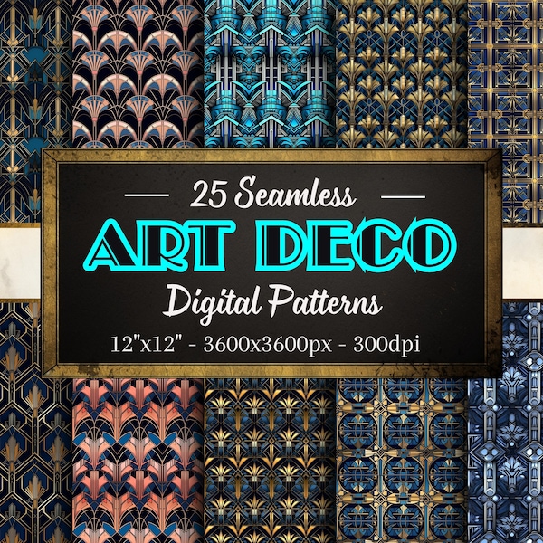Art Deco Seamless Patterns, 25 Digital Papers of Art Deco Patterns for Scrapbooking, Invitations, Book Covers, Textiles and More!