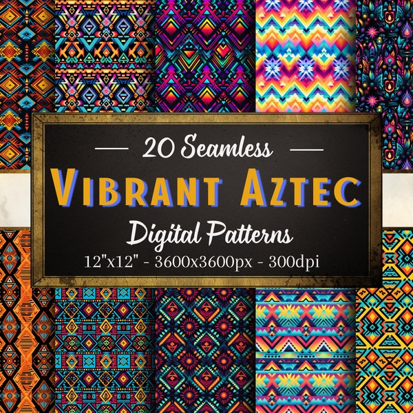 Aztec Patterns, 20 Vibrant Aztec Seamless Digital Papers, Instant Download, Personal & Commercial Use, Print on Demand Friendly