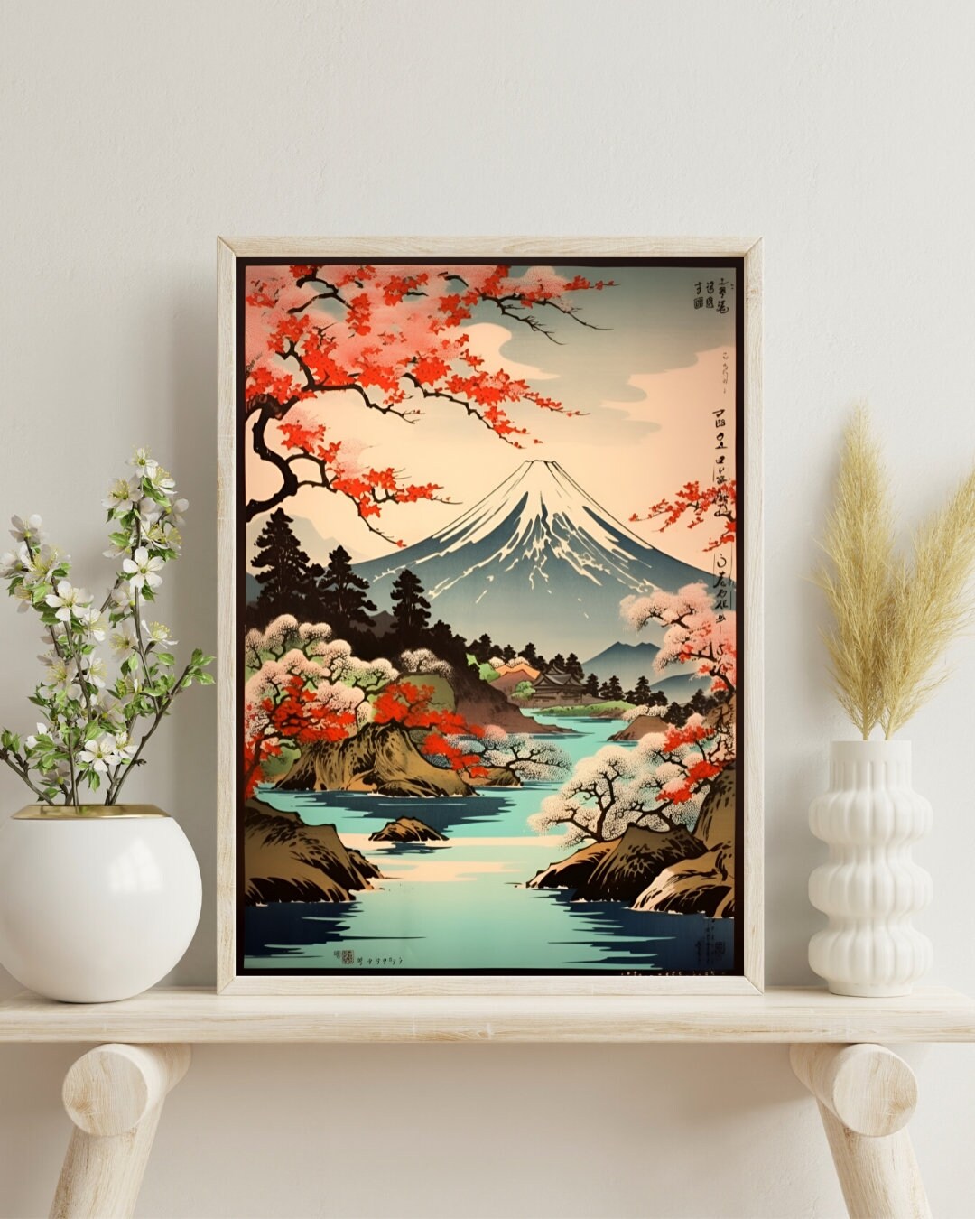 Vintage Japanese Wall Art, A Beautiful Landscape of a Mountain, Lake