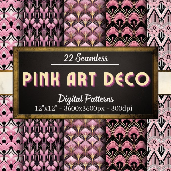 Pink Art Deco Seamless Patterns, 22 Digital Papers of Pink Art Deco Patterns for Scrapbooking, Invitations, Book Covers, Textiles and More!
