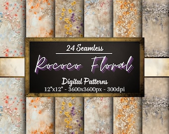 Rococo Floral Seamless Patterns, 24 Rococo Digital Papers, Floral Patterns, Instant Download, Personal & Commercial Use, Print on Demand