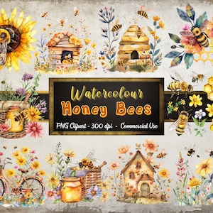 Watercolour Honey Bees Clipart, 28 Transparent Clipart PNG Files, Instant Download, Personal & Commercial Use, Honey Bee Graphics, Clipart