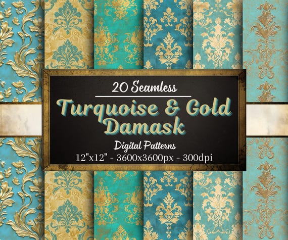 Turquoise And Gold Damask Wallpaper