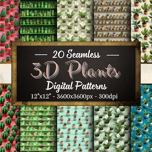 3D Plants Patterns, 20 Potted Plants Seamless Digital Papers, Instant Download, Personal & Commercial Use, Print on Demand Friendly