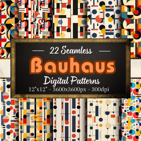 Bauhaus Patterns, 22 Retro Bauhaus Seamless Digital Papers, Instant Download, Personal & Commercial Use, Print on Demand Friendly