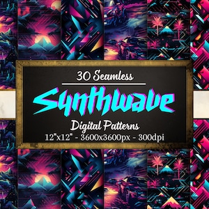 May include: 30 seamless digital patterns in a synthwave style. The patterns feature a variety of colors, including pink, blue, purple, and yellow. The patterns are 12 inches by 12 inches and 300 dpi.