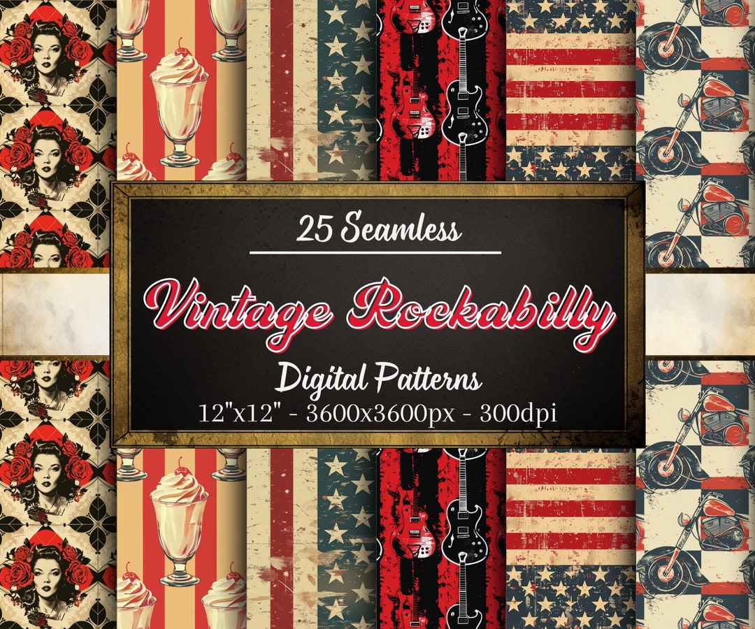 American Rocker Pattern Rockabilly Seamless Patterns, 25 Rockabilly Digital Papers, Vintage ...