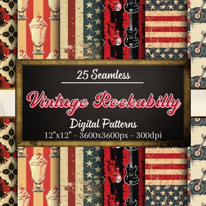 Rockabilly nahtlose Muster, 25 Rockabilly digitale Papiere, Vintage Muster, sofortiger Download, persönliche und kommerzielle Nutzung, Print on Demand