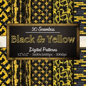 May include: A set of 30 digital seamless patterns in black and yellow. The patterns include geometric shapes, stripes, and brick designs. The patterns are 12 inches by 12 inches and 3600 pixels by 3600 pixels at 300 dpi.