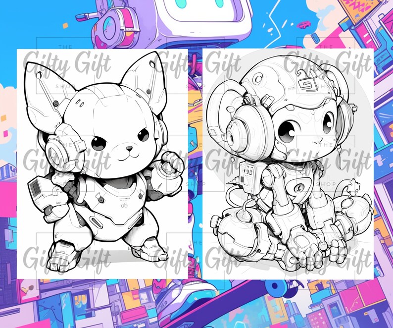 Puede incluir: Un dibujo en blanco y negro de dos personajes robot. El primer personaje es un robot parecido a un gato que lleva auriculares y un traje futurista. El segundo personaje es un robot parecido a un mono que lleva auriculares y un traje futurista. Ambos personajes est&aacute;n en posici&oacute;n sentada.