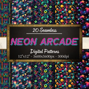 Nahtlose Neon-Arcade-Muster, 20 digitale Retro-Arcade-Papiere, sofortiger Download, persönliche und kommerzielle Nutzung, Print-on-Demand-freundlich