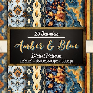 Motivi senza soluzione di continuità ambra e blu, 25 carte digitali, motivi blu e ambra, download immediato, uso personale e commerciale, stampa su richiesta
